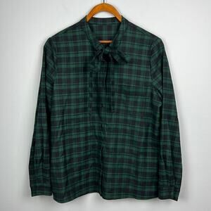 Eternal Summer blue & green plaid long sleeve button down tie neck top medium